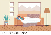 Female character having a cold and lying on the sofa. Masked woman is sick vector illustration. Girl is being treated for flu with different medicines in apartment. Self-isolation patient at home. Female character having a cold and lying in bed. Masked woman is sick at home vector illustration. Стоковая иллюстрация, агентство Ingram Publishing / Фотобанк Лори