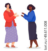 Happy meeting of two friends, women are glad to see each other, emotional meeting of colleagues at work. Surprised vector cartoon female characters raised hands get ready to hug, good relationship. Happy meeting of two friends, women are glad to see each other, emotional meeting of colleagues. Стоковая иллюстрация, агентство Ingram Publishing / Фотобанк Лори