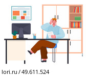 Excited surprised businessman experiencing stress at work because of the deadline and office chaos. Man sitting at a table with computer, holding document, character opened his mouth and eyes wide. Excited surprised businessman experiencing stress at work because of the deadline and office chaos. Стоковая иллюстрация, агентство Ingram Publishing / Фотобанк Лори