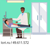 Consultation with a gastroenterologist. Patient with doctor in the ultrasound diagnostic room. The doctor examines the boy s digestive system. Physician works with special equipment in the hospital. Consultation with a gastroenterologist. Patient with doctor in the ultrasound diagnostic room. Стоковая иллюстрация, агентство Ingram Publishing / Фотобанк Лори