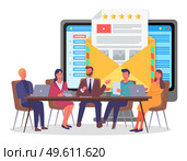 Business conference. Teamwork. Businesspeople sitting at table. Giving feedback to users or customers of website, analysing consumer demands, rating stars, increase popularity of social network. Giving feedback to users or customers of website, analysing consumer demands, rating stars. Стоковая иллюстрация, агентство Ingram Publishing / Фотобанк Лори