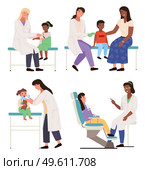 Set of illustrations on the topic of consultation with doctor. Children at appointment in the hospital isolated on white background. Pediatrician examines the patient. Physician helps treat people. A set of illustrations on the topic of consultation with doctor. Children in the hospital. Стоковая иллюстрация, агентство Ingram Publishing / Фотобанк Лори