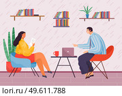 Reading or concluding contract. Woman wears jewelry, yellow jacket, sits in armchair and reads contract or letter, round coffee table, cup, laptop, man wears shirt sits in armchair and points to laptop. Business partners sits at round table, woman with document, man points to laptop. Business meeting. Стоковая иллюстрация, агентство Ingram Publishing / Фотобанк Лори
