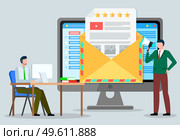 Businessmen discuss search and customer attract strategies. Man office worker with loudspeaker near big envelope with letter, businessman at the table with laptop. Developing client acquisition plans. Developing client acquisition plans. Businessmen discuss search and customer attract strategies. Стоковая иллюстрация, агентство Ingram Publishing / Фотобанк Лори