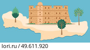Crete island travel map vector illustration. Medieval fortress with towers surrounded by trees. Terrain map of an island surrounded by sea or ocean waters. Protective divine fortress made of stone. Crete island travel map vector illustration. Medieval fortress with towers surrounded by trees. Стоковая иллюстрация, агентство Ingram Publishing / Фотобанк Лори