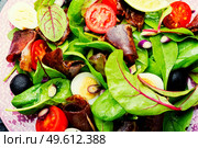 Diet salad of chard, quail eggs, tomatoes and jerky. Salad with jamon and vegetables.. Delicious salad with vegetables, herbs and ham. Стоковое фото, агентство Ingram Publishing / Фотобанк Лори