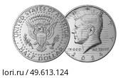 Vector engraving, design element. Modern US 50 cents. Obverse and reverse of change coin of United States of America. American money. Fifty. Sample. Стоковая иллюстрация, иллюстратор GAlexS / Фотобанк Лори