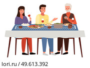 The family dines with Georgien-style food. Georgians at dinner isolated on white background. Relatives eat traditional dishes. Table with khinkali and adjarian khachapuri vector illustration. The family dines with Georgien-style food. Georgians at dinner isolated on white background. Стоковая иллюстрация, агентство Ingram Publishing / Фотобанк Лори