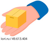 Hand holds cardboard box vector illustration. Delivery of items and goods around the world. Man with closed square box with unknown contents. Person with container in hand isolated on white background. Hand is holding cardboard box flat vector illustration. Delivery of items and goods around the world. Стоковая иллюстрация, агентство Ingram Publishing / Фотобанк Лори