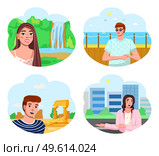 Smiling people avatar set. Men and women portraits characters collection in different locations. Young persons travelers, girl in cityscape and at picturesque waterfall, guy on the sea and old temple. Smiling people avatar set. Men and women portraits characters collection in different locations. Стоковая иллюстрация, агентство Ingram Publishing / Фотобанк Лори