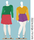 Vector design of a mannequin for women s clothes showcase. Female figure full length fashion clothing store equipment on blue background. Human body replica to show model clothes. Dress shop. Vector design of a mannequin for women s clothes. Female figure fashion clothing store equipment. Стоковая иллюстрация, агентство Ingram Publishing / Фотобанк Лори