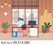 Chaos in office with large windows. Unorganized office worker in panic. Woman stressing from paper work, solving problems. Worker failure deadline, confused, stressing, busy. Employee hurry and panic. Chaos in office with large windows, unorganized office worker in panic, woman stressing, paperwork. Стоковая иллюстрация, агентство Ingram Publishing / Фотобанк Лори