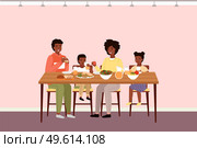Afro american people having dinner in dining room. Afroamerican family dines with healthy food. Relatives eat natural fresh products vector illustration. Table with fruit, salad and sandwiches. The family dines with healthy food. Relatives eat natural fresh products vector illustration. Стоковая иллюстрация, агентство Ingram Publishing / Фотобанк Лори