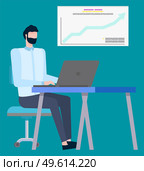 Programer with laptop working on new project vector, businessman with computer and infocharts. Infographics on board, growing dynamics of business. Freelancer Man Working on Laptop Project Coder. Стоковая иллюстрация, агентство Ingram Publishing / Фотобанк Лори