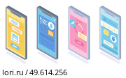 Set of flat isometric smartphones illustration. Online communication between doctor and patient. Drugs prescription, diagnosis tests, cardiological consultation. Medical communication and healthcare. Medicine online service conception. Remote communication between doctor and patient by smartphone. Стоковая иллюстрация, агентство Ingram Publishing / Фотобанк Лори