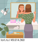 Girl doing morning routine in the bathroom. Woman stands with a syringe to inject into the face. Female character looking in the mirror and applying skin care product. Girl improves skin condition. Girl doing morning routine in the bathroom. Woman stands with a syringe to inject into the face. Стоковая иллюстрация, агентство Ingram Publishing / Фотобанк Лори