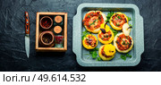 Squash stuffed with couscous and mushrooms. Baked patisson with shakshuka.Patty pan squash. Baked stuffed squash or patisson. Стоковое фото, агентство Ingram Publishing / Фотобанк Лори