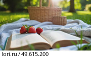 Пикник на траве с клубникой и книгой. Стоковое AI-видео, аниматор Виктория Кольцова / Фотобанк Лори