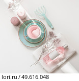 Spa and wellness equipment with pink flowers tea, scented candles, pastel plates, perfume bottle with white empty label mock up and flowers on white table. Top view with copy space. Стоковое фото, агентство Ingram Publishing / Фотобанк Лори