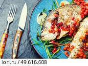 Grilled dorado with autumn berries. Fried fish with viburnum.. Baked fish viburnum,autumn recipe. Стоковое фото, агентство Ingram Publishing / Фотобанк Лори