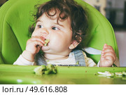 Baby eating food in her green highchair. Стоковое фото, агентство Ingram Publishing / Фотобанк Лори