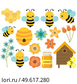 Bees ?lipart. Cute bees, honey, beehive, bumblebees. Vector illustration. Стоковая иллюстрация, агентство Ingram Publishing / Фотобанк Лори