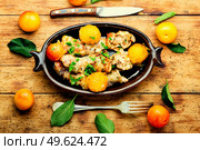 Chicken drumstick stuffed with plum and cherry plum. Baked meat dish with fruit. Chicken leg baked with plum and mushroom. Стоковое фото, агентство Ingram Publishing / Фотобанк Лори