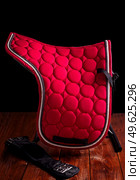 red professional  dressage saddle cloth with  girth  against white background. equestrian concept. Стоковое фото, агентство Ingram Publishing / Фотобанк Лори