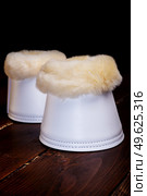 luxery hoof protectors with natural fur for sportive horses. horse stuff and care. Стоковое фото, агентство Ingram Publishing / Фотобанк Лори