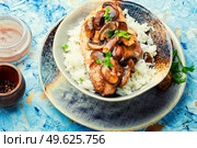 Stewed chicken breast with marsala mushroom gravy and rice.. Meat in mushroom sauce. Стоковое фото, агентство Ingram Publishing / Фотобанк Лори
