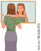 Girl doing morning routine in the bathroom. Woman stands with a syringe to inject into the face. Female character looking in the mirror and applying skin care product. Girl improves skin condition. Girl doing morning routine in the bathroom. Woman stands with a syringe to inject into the face. Стоковая иллюстрация, агентство Ingram Publishing / Фотобанк Лори