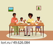 Afro american people having dinner in dining room. Afroamerican family dines with healthy food. Relatives eat natural fresh products vector illustration. Table with fruit, salad and sandwiches. The family dines with healthy food. Relatives eat natural fresh products vector illustration. Стоковая иллюстрация, агентство Ingram Publishing / Фотобанк Лори