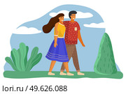Family walking on green lawn. Girl in blue skirt, yellow blouse, guy in red dotted t-shirt hugs girl. Green landscape, scenic area. Picturesque view. Spend time with family. Shapeless frame on white. Couple walks in summer landscape. City park, trees, lush bush, clear sky, a sun. Flat image. Стоковая иллюстрация, агентство Ingram Publishing / Фотобанк Лори