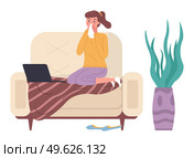 Woman having a cold and sitting on the sofa. Girl with runny nose watching video on laptop. Female character on the white background. Person with handkerchief sneezes. Patient is being treated for flu. Woman having a cold and sitting on the sofa. Girl with a runny nose watching video on laptop. Стоковая иллюстрация, агентство Ingram Publishing / Фотобанк Лори