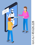 Mobile application, artificial intelligence. Online chat with droid system. Simulation of conversation with assistant at phone. Help chat bot talking with people, dialogue. Isometric 3d illustration. Simulator of online help, chat bot talking with people, screen of smartphone, isometric illustration. Стоковая иллюстрация, агентство Ingram Publishing / Фотобанк Лори