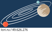 Cartoon fantastic planet on dark blue space background. Saturn made of gases with ring of ice and dust. The planets of the solar system are moving in a circle cartoon flat vector cosmic object. Cartoon fantastic planet on dark blue space background. Saturn made of gases with ring of ice. Стоковая иллюстрация, агентство Ingram Publishing / Фотобанк Лори