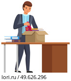 Layoff concept. Boss dismissed employee. Unhappy fired man leaves the office, drops things in a box. Unemployment dismissal of fellow workers. Crisis, jobless and employee job reduction concept. Layoff concept. Boss dismissed employee. Unhappy fired man leaves the office with things in box. Стоковая иллюстрация, агентство Ingram Publishing / Фотобанк Лори