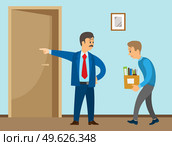 Layoff concept. Strict man boss dismissed employee. Unhappy guy leave the office with things in box. Unemployment dismissal of fellow workers. Crisis, jobless and employee job reduction concept. Layoff concept. A man boss dismissed employee. Sad guy leave the office with things in box. Стоковая иллюстрация, агентство Ingram Publishing / Фотобанк Лори