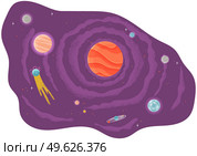 Cartoon red fantastic planet on lilac space background with flying meteorites and comets. Satellites and stars circle around planet in Solar system cartoon cosmic astronomic object in outer space. Solar system of planets, vector illustration with large and small celestial bodies flying in space. Стоковая иллюстрация, агентство Ingram Publishing / Фотобанк Лори
