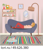 Woman lying on the sofa. Happy smile girl relaxing. Relax on couch and dream. Mother resting. Home leisure. Female character lies on the divan and smiles, dreams, sees a happy dream in livingroom. Woman lying on the sofa. Happy smile girl relaxing. Relax on couch and dream. Mother resting at home. Стоковая иллюстрация, агентство Ingram Publishing / Фотобанк Лори
