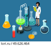 Scientific lab experiments. Woman making chemical tests, working with dangerous liquids. Flasks, test tubes with chemical toxic liquids. Working scientist with results. Isometric 3d illustration. Woman holding results of chemical experiments, scientific lab tests, working with toxic liquids. Стоковая иллюстрация, агентство Ingram Publishing / Фотобанк Лори