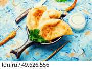 Chebureks, fried crescent-shaped cakes with meat filling. Delicious appetizing, chebureks. Стоковое фото, агентство Ingram Publishing / Фотобанк Лори
