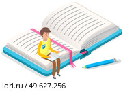 Man sitting on opened notebook with exercise book. Distance learning or online education, business training seminar, e-learning. Reading books, knowledge, male student studying preparing for exams. Man sitting on opened notebook with exercise book. Distance learning or online education, knowledge. Стоковая иллюстрация, агентство Ingram Publishing / Фотобанк Лори