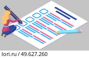Offline exam vector illustration. Student fills out questionnaire. Girl with felt-tip pen writes test. Woman standing near big checklist. Female character passing exam. Girl puts check in box. Offline exam concept. Student fills out questionnaire. Girl with felt-tip pen writes test. Стоковая иллюстрация, агентство Ingram Publishing / Фотобанк Лори