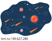 Cartoon red fantastic planet on lilac space background with flying meteorites and comets. Satellites and stars circle around planet in Solar system cartoon cosmic astronomic object in outer space. Solar system of planets, vector illustration with large and small celestial bodies flying in space. Стоковая иллюстрация, агентство Ingram Publishing / Фотобанк Лори
