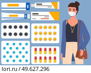 Female character is using a mask. The girl is pictured next to a set of medicines for coronavirus. Various tubes and tablets for treatment, coronavirus, quarantine, self-isolation, pandemic. Female character is using a mask. The girl is pictured next to a set of medicines for coronavirus. Стоковая иллюстрация, агентство Ingram Publishing / Фотобанк Лори