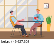 Businessmen dressed in casual clothes are sitting at the table with laptops and talking. Office workers discussing project. Business meeting and consideration of working moments. Friendly team work. Business meeting and consideration of working moments. Friendly team work, peer discussion. Стоковая иллюстрация, агентство Ingram Publishing / Фотобанк Лори