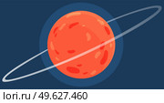 Cartoon red fantastic planet on dark blue space background. Saturn made of gases with ring of ice and dust. Sixth planet from Sun in Solar system isolated cartoon vector illustration cosmic object. Cartoon red fantastic planet on dark blue space background. Saturn made of gases with ring of ice. Стоковая иллюстрация, агентство Ingram Publishing / Фотобанк Лори