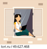 Woman sitting with a laptop on the windowsill near an open window and correspondence surfing the Internet. Female character relaxed, converse through network. Social media communication, freelance. Woman sitting with laptop on the windowsill near an open window and correspondence surfing Internet. Стоковая иллюстрация, агентство Ingram Publishing / Фотобанк Лори