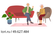 Elderly couple sitting on the sofa at home on white background. Retired elderly couple in love. Grandparents family, grandmother and grandfather happy friends sitting on the couch communicating. Elderly couple sitting on the sofa at home. Retired elderly couple in love. Grandparents family. Стоковая иллюстрация, агентство Ingram Publishing / Фотобанк Лори